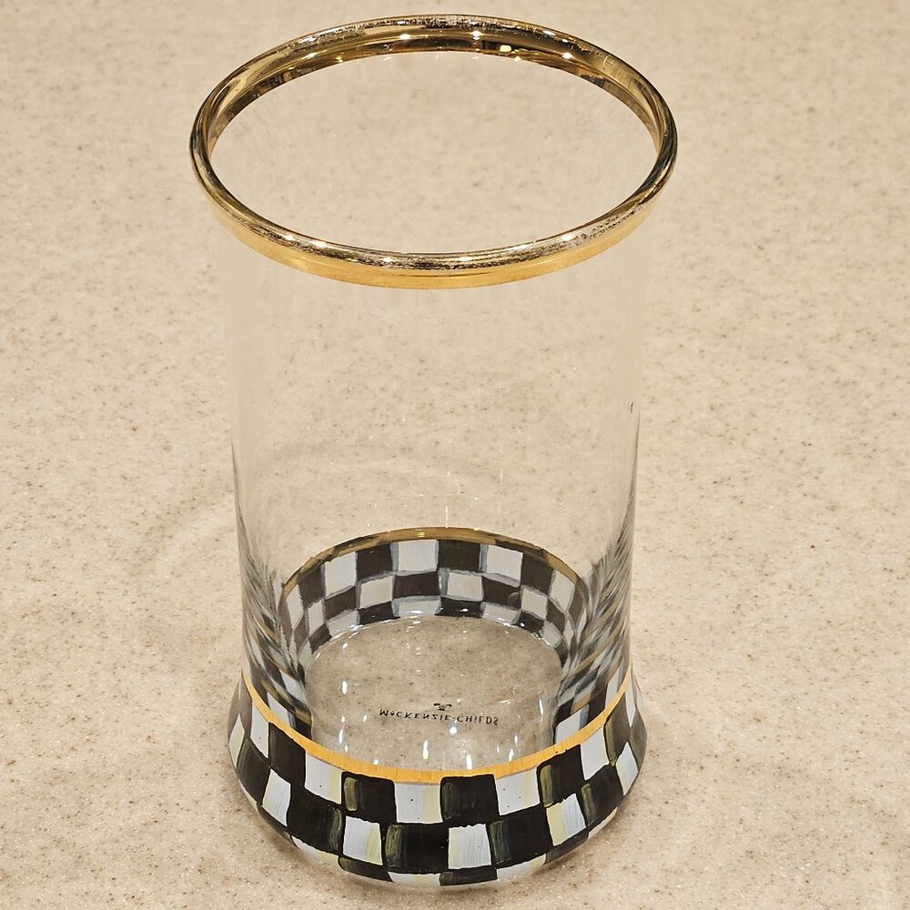 RARE RETIRE MACKENZIE CHILDS BLACK COURTLY CHECK HIGHBALL DRINKING GLASS TUMBLER